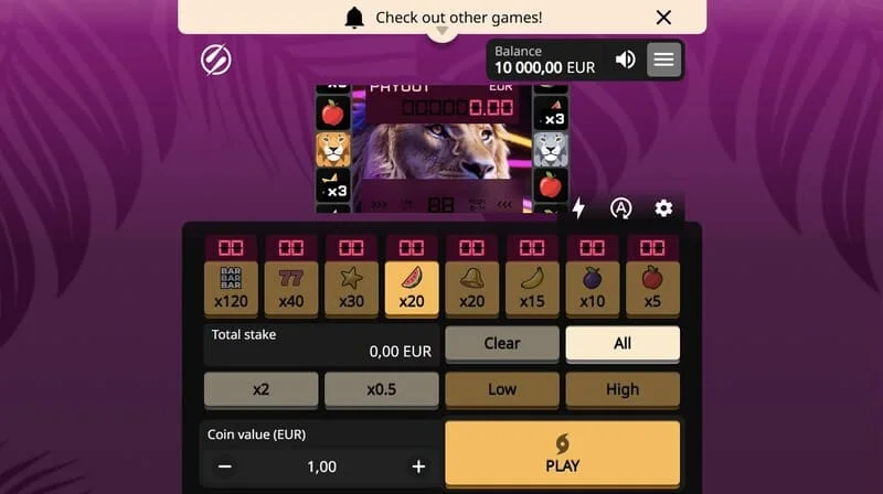 Lion Zama Fruits Bonus Spins - หน้าจอหลักของเครื่องผลไม้พร้อมภาพสิงโตจากซีรีส์ African Big 5